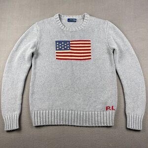 Polo Ralph Lauren RL American Flag Crewneck Sweater Sz Medium Gray Cotton